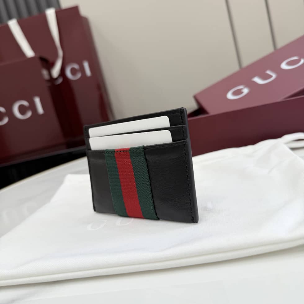 Gucci Web Trademark Leather Card Case Black 867277_2_154771 Gucci Web Trademark Leather Card Case Black 867277
