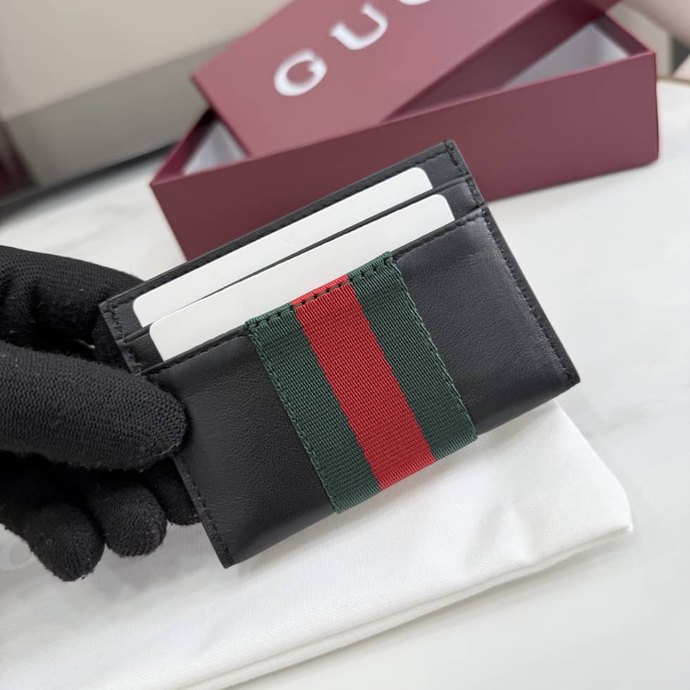 Gucci Web Trademark Leather Card Case Black 867277_5_154771 Gucci Web Trademark Leather Card Case Black 867277
