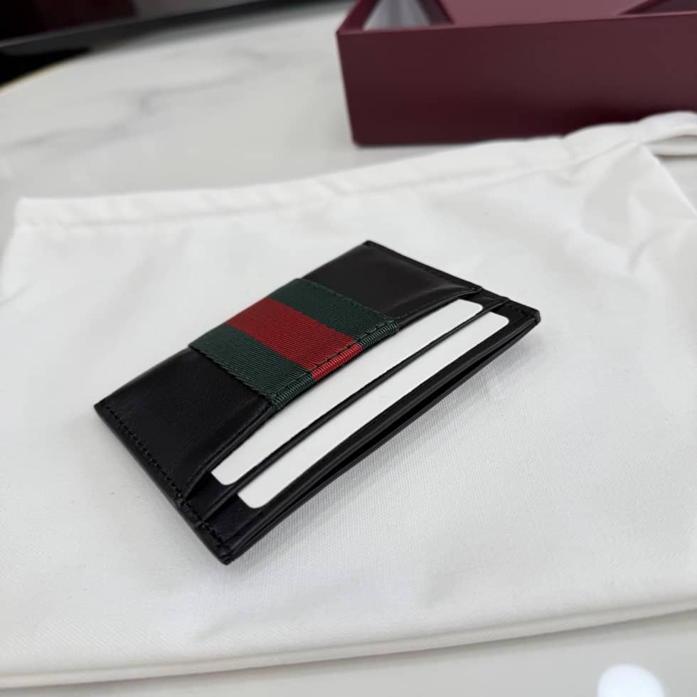 Gucci Web Trademark Leather Card Case Black 867277_6_154771 Gucci Web Trademark Leather Card Case Black 867277