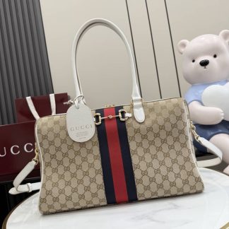Gucci Borsetto Canvas Large Boston Bag White Beige