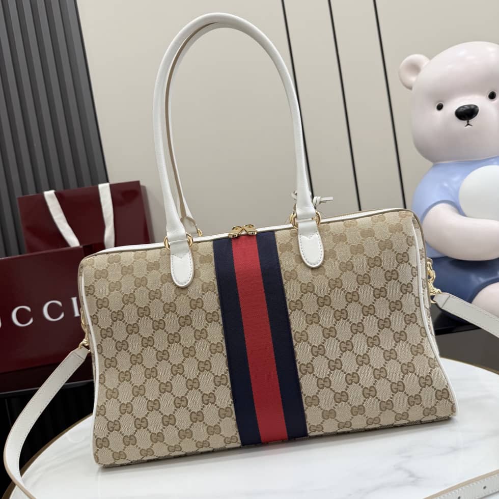 Gucci Borsetto Canvas Large Boston Bag White Beige_1_154911 Gucci Borsetto Canvas Large Boston Bag White Beige