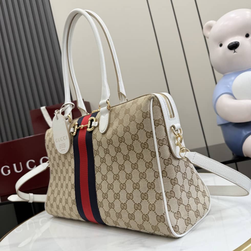 Gucci Borsetto Canvas Large Boston Bag White Beige_2_154911 Gucci Borsetto Canvas Large Boston Bag White Beige