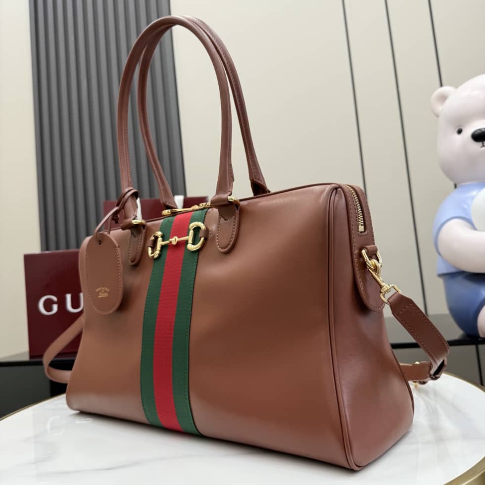 Gucci Borsetto Leather Large Boston Bag Brown 866734_2_154961 Gucci Borsetto Leather Large Boston Bag Brown 866734