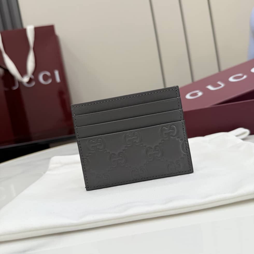 Gucci GG Emblem Embossed Leather Card Holder Gray_1_155861 Gucci GG Emblem Embossed Leather Card Holder Gray