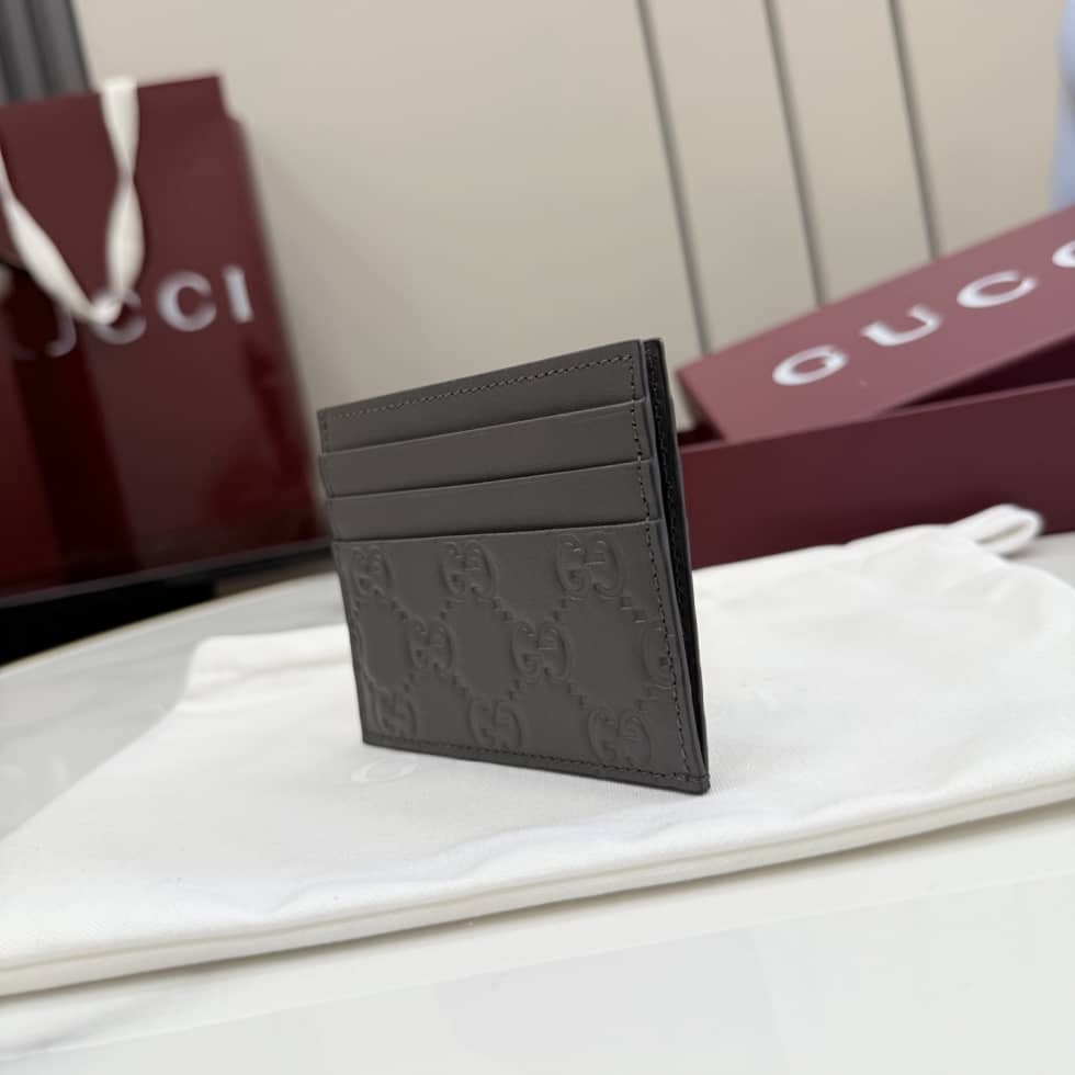 Gucci GG Emblem Embossed Leather Card Holder Gray_2_155861 Gucci GG Emblem Embossed Leather Card Holder Gray