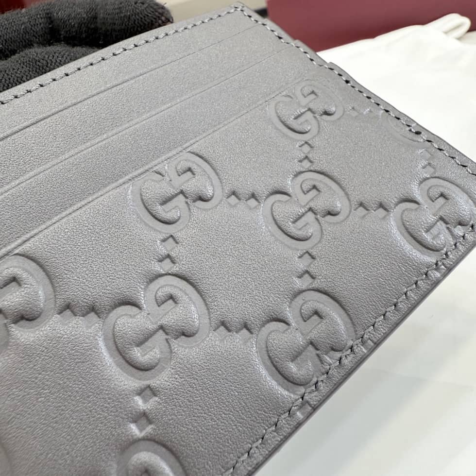 Gucci GG Emblem Embossed Leather Card Holder Gray_3_155861 Gucci GG Emblem Embossed Leather Card Holder Gray