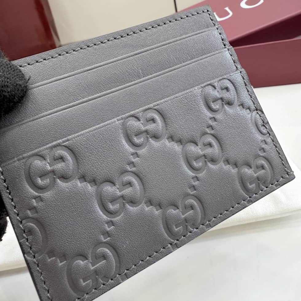 Gucci GG Emblem Embossed Leather Card Holder Gray_4_155861 Gucci GG Emblem Embossed Leather Card Holder Gray