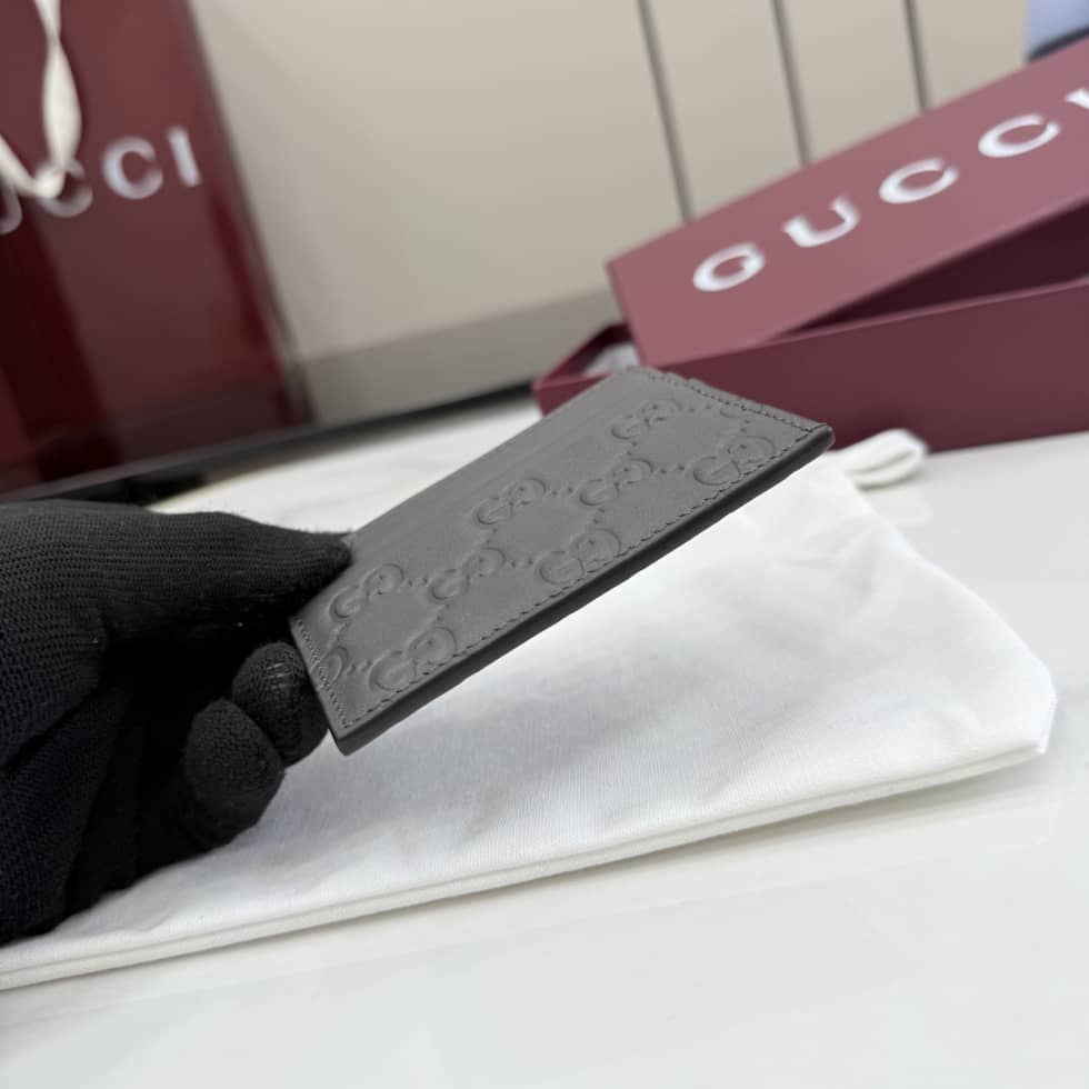Gucci GG Emblem Embossed Leather Card Holder Gray_6_155861 Gucci GG Emblem Embossed Leather Card Holder Gray