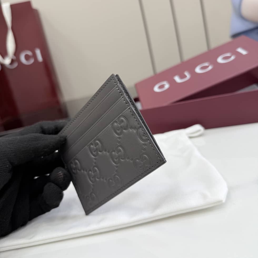 Gucci GG Emblem Embossed Leather Card Holder Gray_7_155861 Gucci GG Emblem Embossed Leather Card Holder Gray