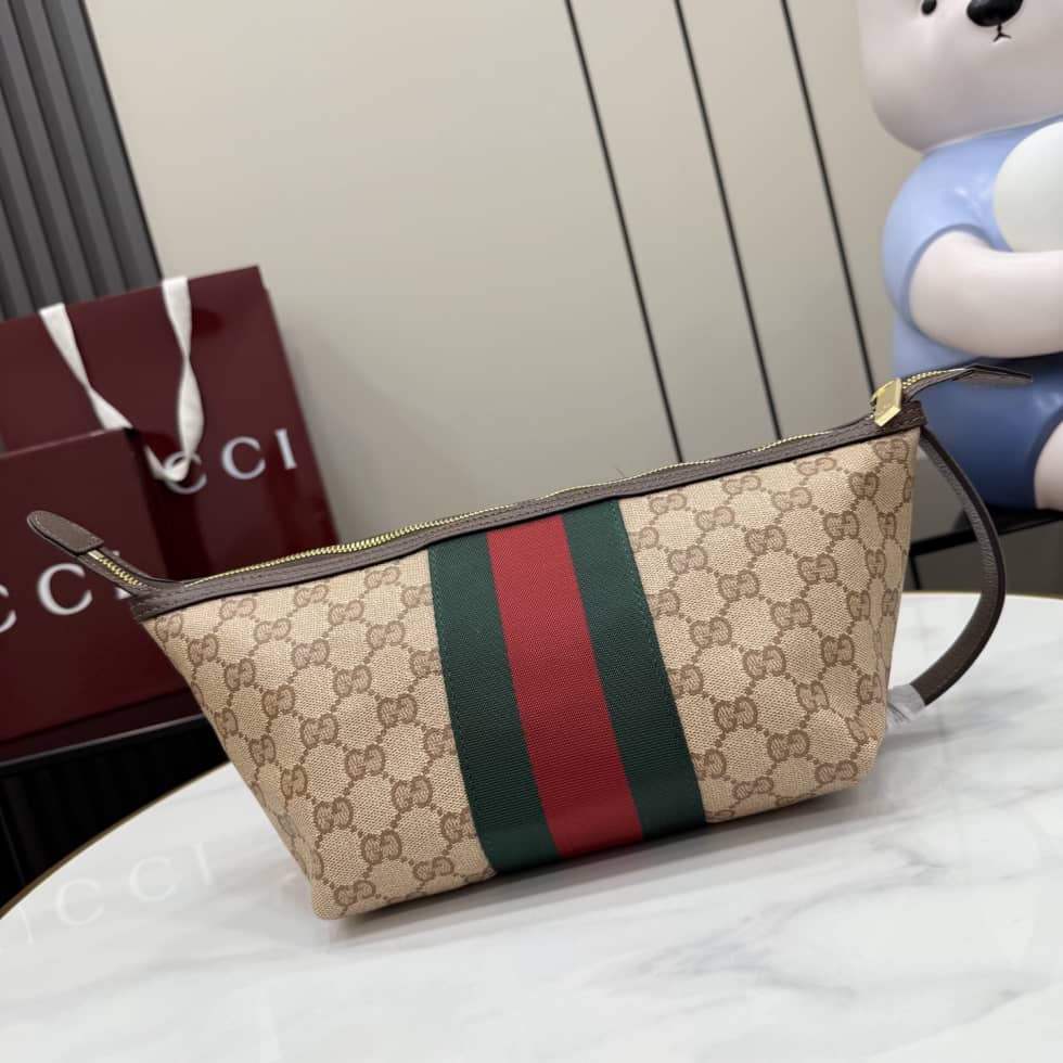 Gucci Small GG Toiletry Case with Web Sand Brown_1_156071 Gucci Small GG Toiletry Case with Web Sand Brown