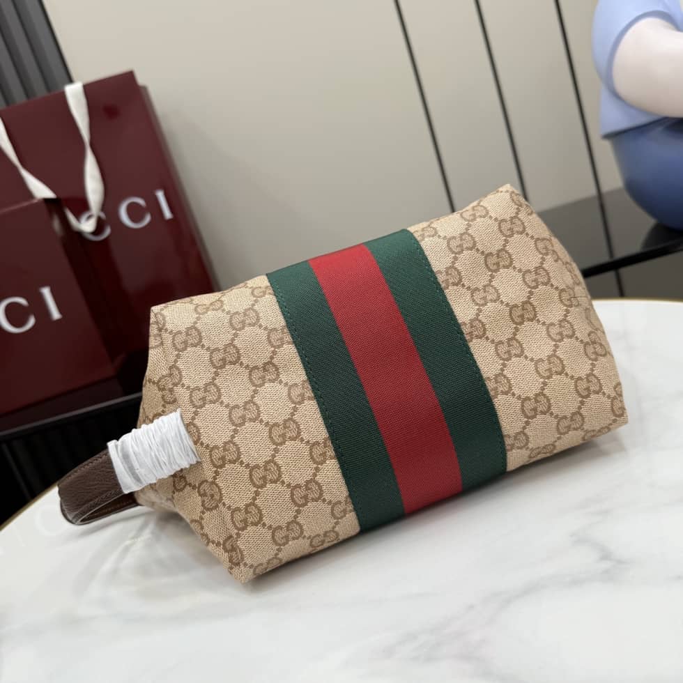 Gucci Small GG Toiletry Case with Web Sand Brown_3_156071 Gucci Small GG Toiletry Case with Web Sand Brown