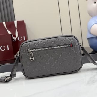 Gucci GG Emblem Leather Small Crossbody Bag Gray