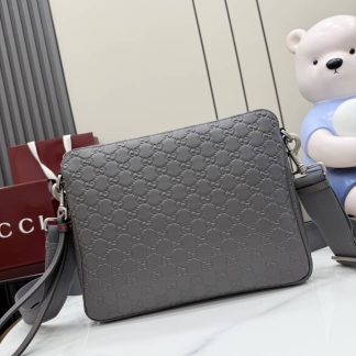 Gucci GG Emblem Leather Medium Gray Crossbody Bag