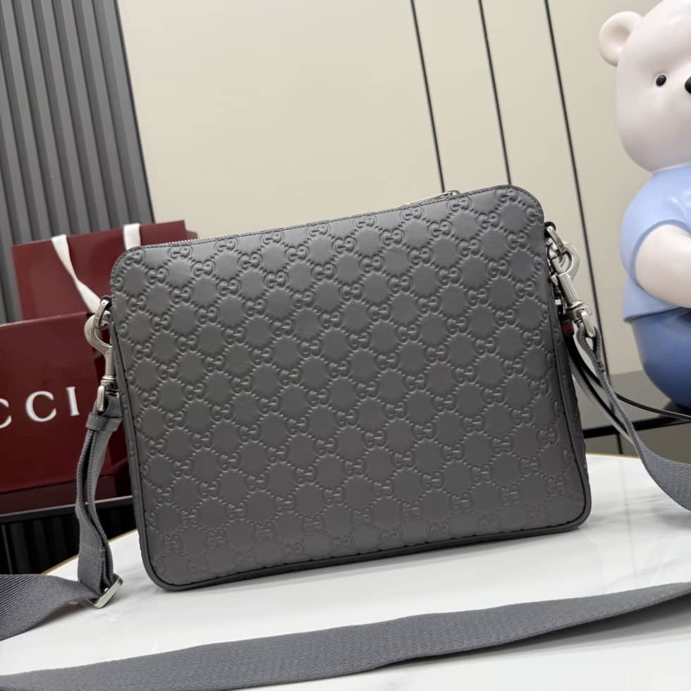 Gucci GG Emblem Leather Medium Gray Crossbody Bag_1_156351 Gucci GG Emblem Leather Medium Gray Crossbody Bag