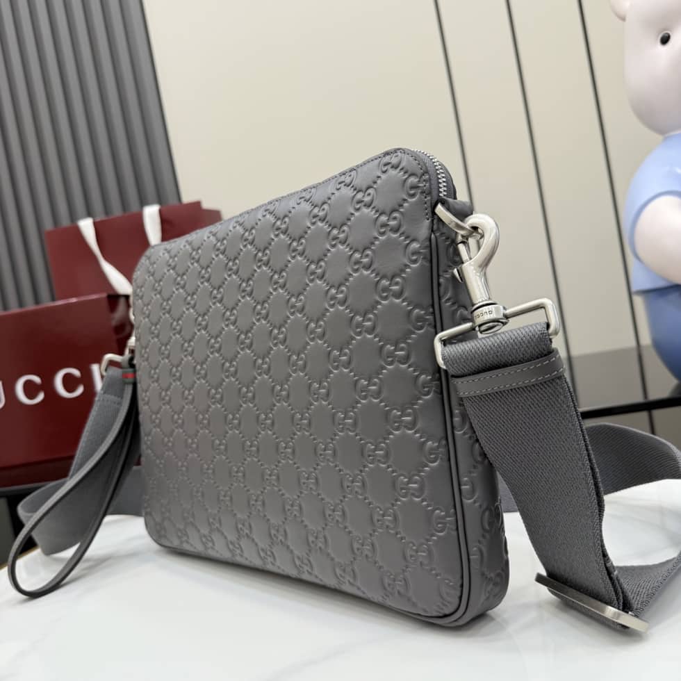 Gucci GG Emblem Leather Medium Gray Crossbody Bag_2_156351 Gucci GG Emblem Leather Medium Gray Crossbody Bag