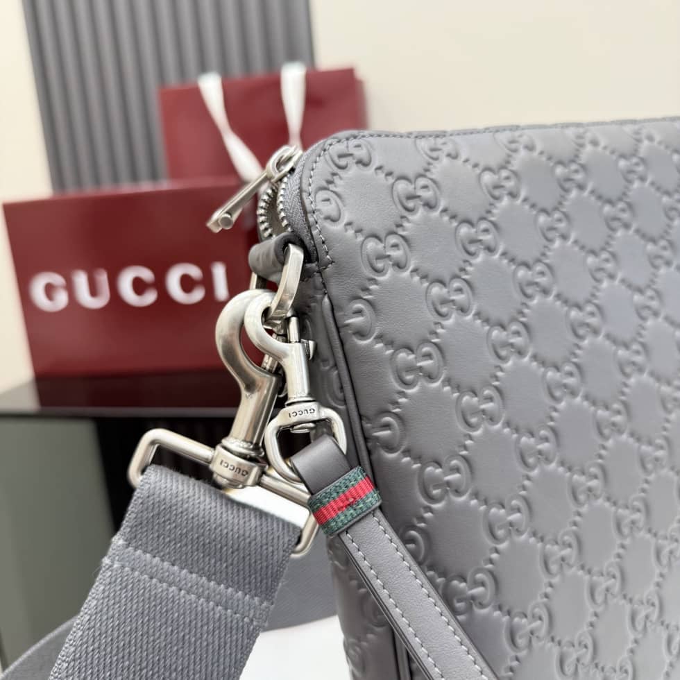 Gucci GG Emblem Leather Medium Gray Crossbody Bag_4_156351 Gucci GG Emblem Leather Medium Gray Crossbody Bag