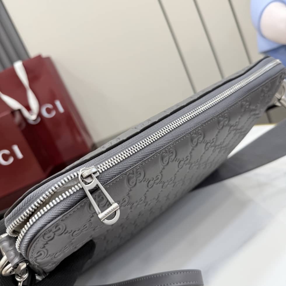 Gucci GG Emblem Leather Medium Gray Crossbody Bag_6_156351 Gucci GG Emblem Leather Medium Gray Crossbody Bag