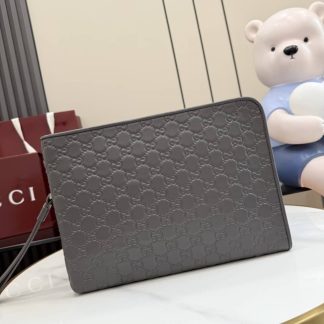 Gucci GG Emblem Leather Medium Gray Pouch