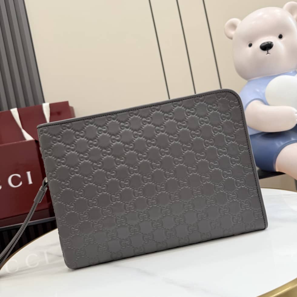 Gucci GG Emblem Leather Medium Gray Pouch_10_156371 Gucci GG Emblem Leather Medium Gray Pouch