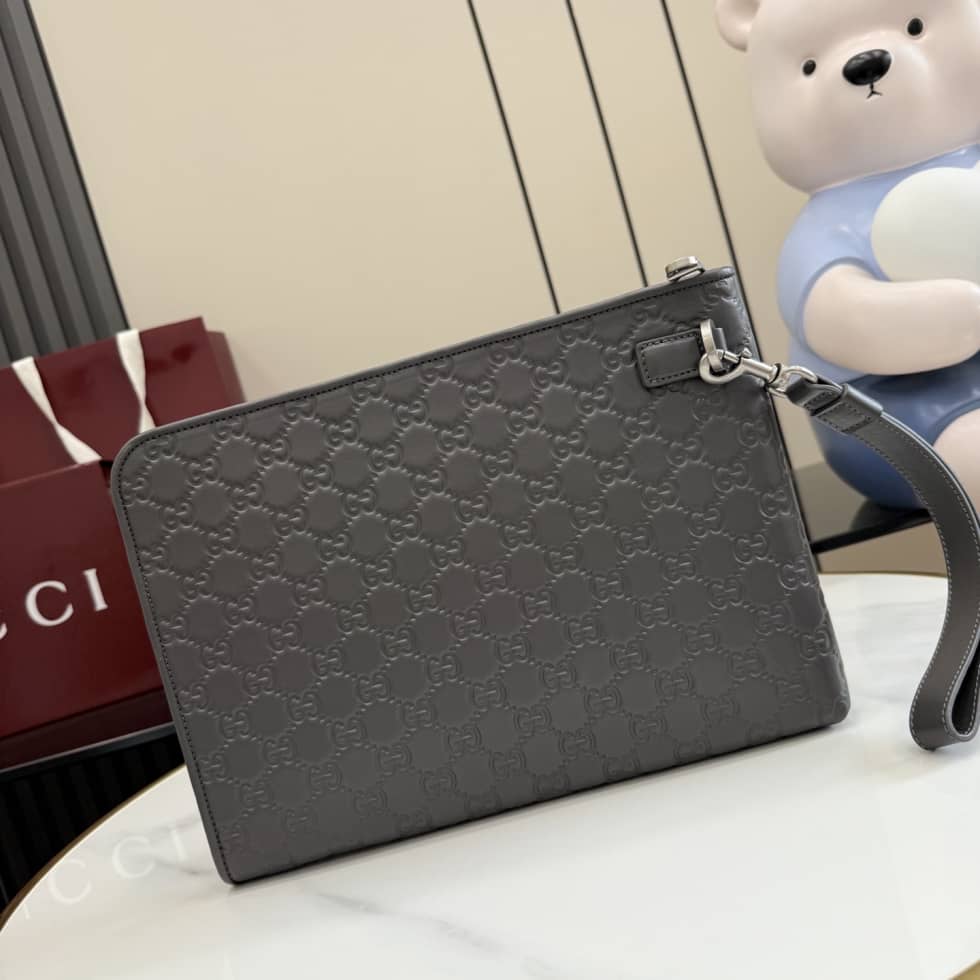 Gucci GG Emblem Leather Medium Gray Pouch_1_156371 Gucci GG Emblem Leather Medium Gray Pouch