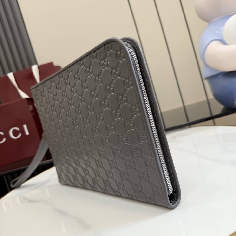 Gucci GG Emblem Leather Medium Gray Pouch_2_156371 Gucci GG Emblem Leather Medium Gray Pouch