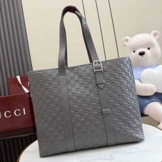 Gucci GG Emblem Leather Large Gray Tote Bag 850218