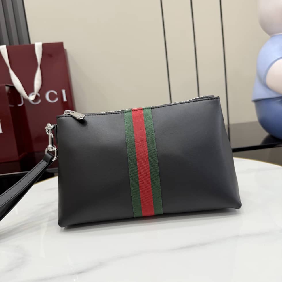Gucci Leather Web Medium Black Pouch 867275_10_157351 Gucci Leather Web Medium Black Pouch 867275