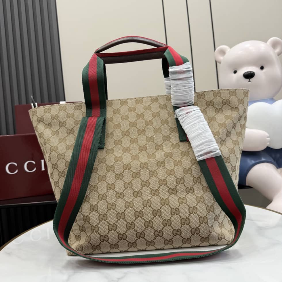 Gucci GG Supreme Web-stripe Small Tote Bag Beige_1_157420 Gucci GG Supreme Web-stripe Small Tote Bag Beige