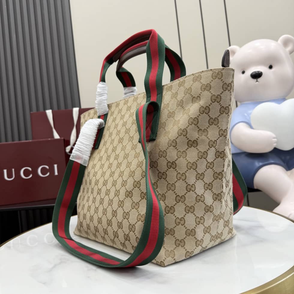 Gucci GG Supreme Web-stripe Small Tote Bag Beige_2_157420 Gucci GG Supreme Web-stripe Small Tote Bag Beige