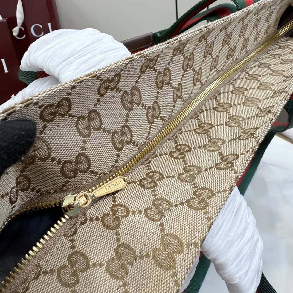 Gucci GG Supreme Web-stripe Small Tote Bag Beige_6_157420 Gucci GG Supreme Web-stripe Small Tote Bag Beige