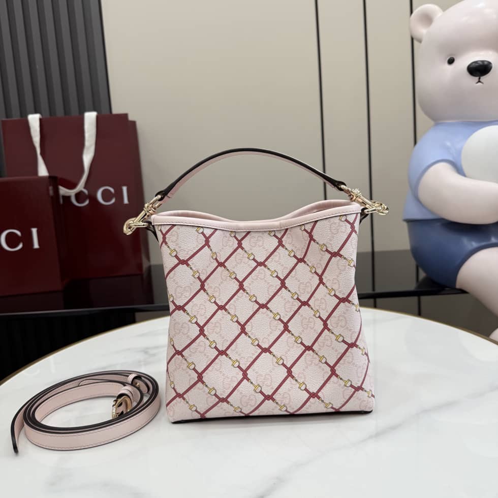 Gucci GG Emblem Canvas Small Pink Bucket Bag_1_157630 Gucci GG Emblem Canvas Small Pink Bucket Bag