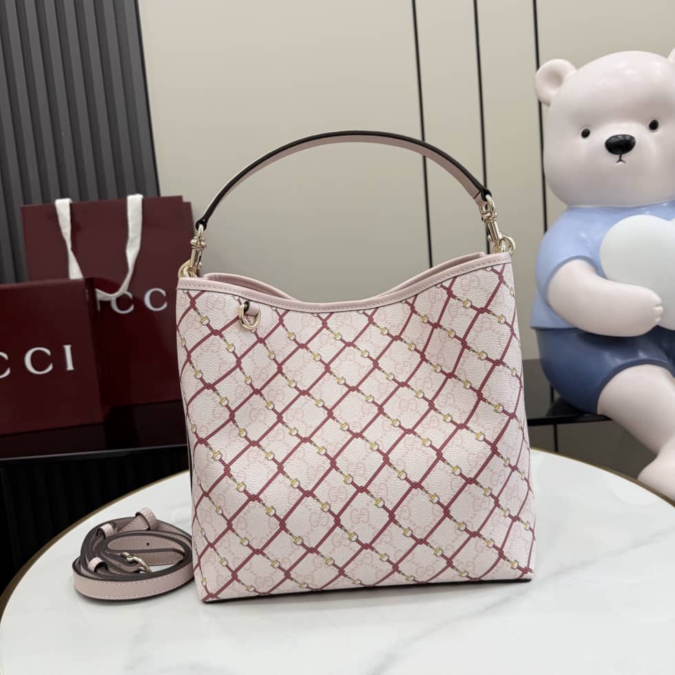 Gucci GG Emblem Canvas Medium Pink Bucket Bag_10_157640 Gucci GG Emblem Canvas Medium Pink Bucket Bag
