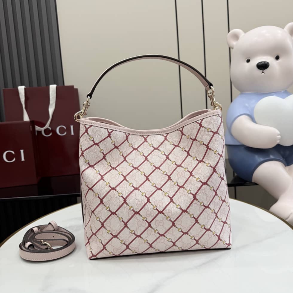 Gucci GG Emblem Canvas Medium Pink Bucket Bag_1_157640 Gucci GG Emblem Canvas Medium Pink Bucket Bag