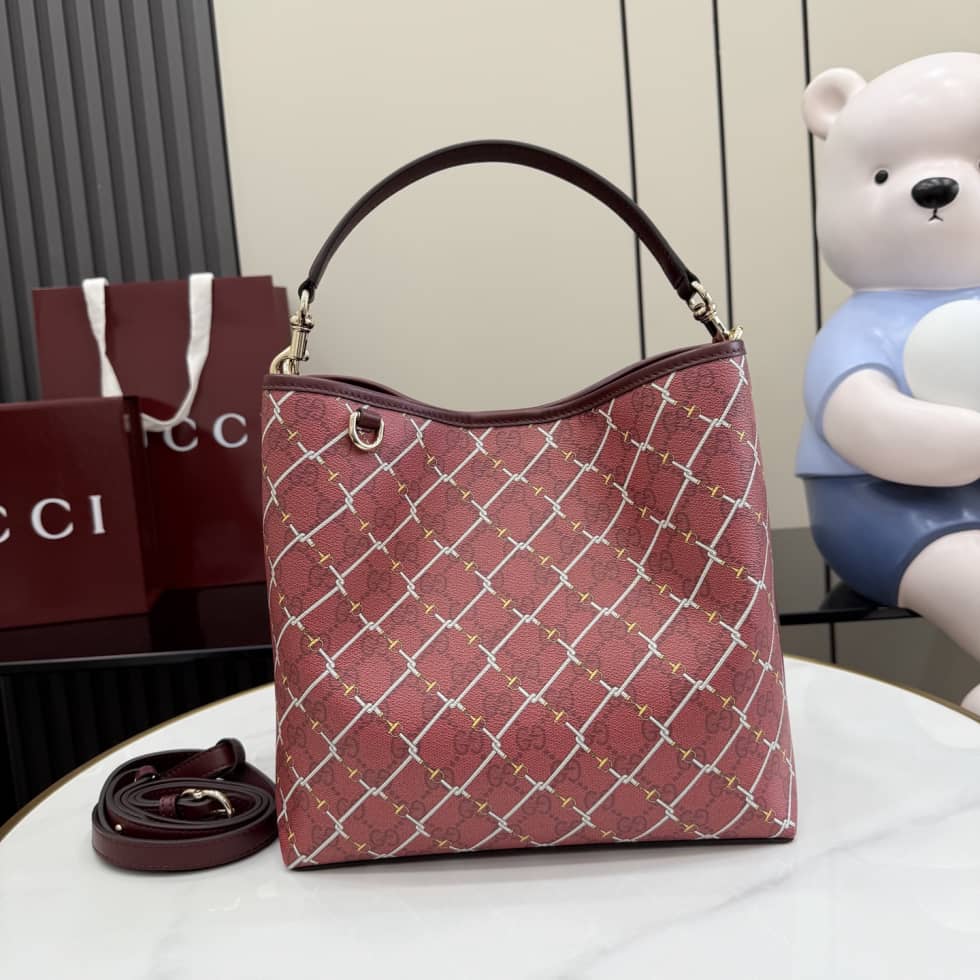 Gucci GG Emblem Canvas Medium Red Bucket Bag_10_157680 Gucci GG Emblem Canvas Medium Red Bucket Bag