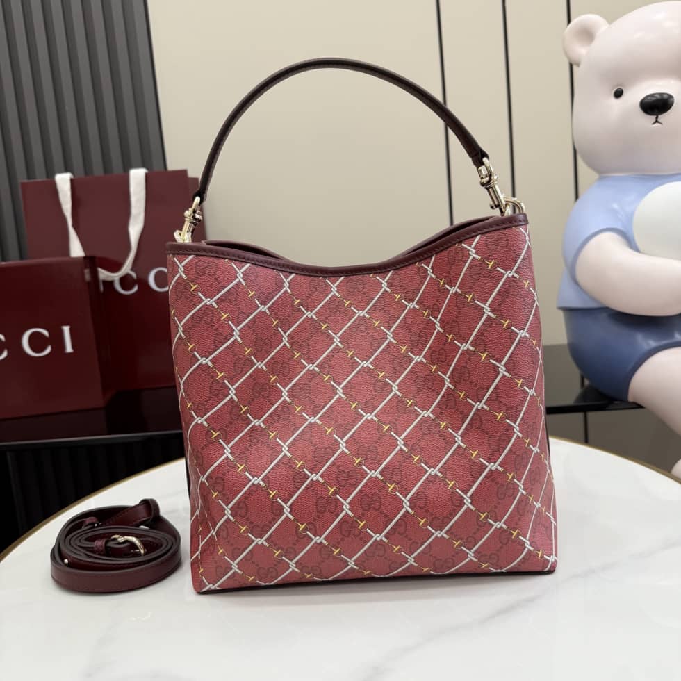Gucci GG Emblem Canvas Medium Red Bucket Bag_1_157680 Gucci GG Emblem Canvas Medium Red Bucket Bag