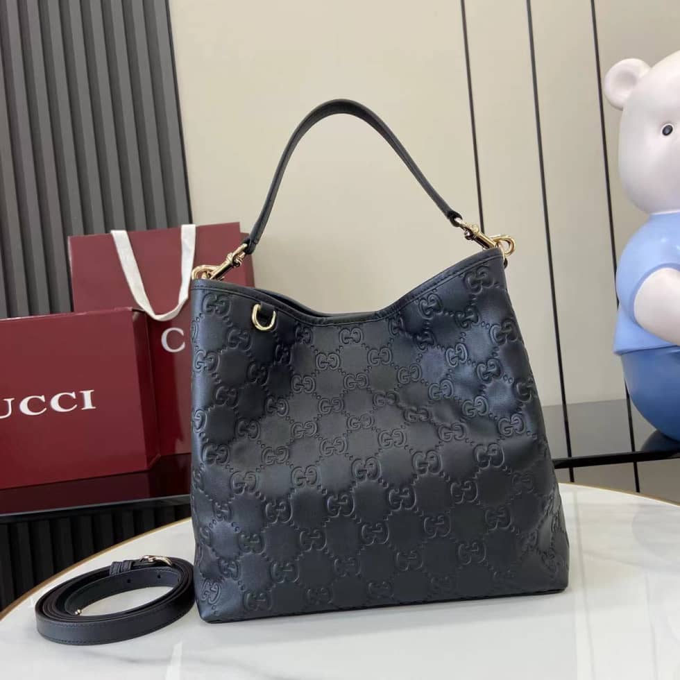 Gucci GG Emblem Medium Black Bucket Bag 815103_10_157900 Gucci GG Emblem Medium Black Bucket Bag 815103
