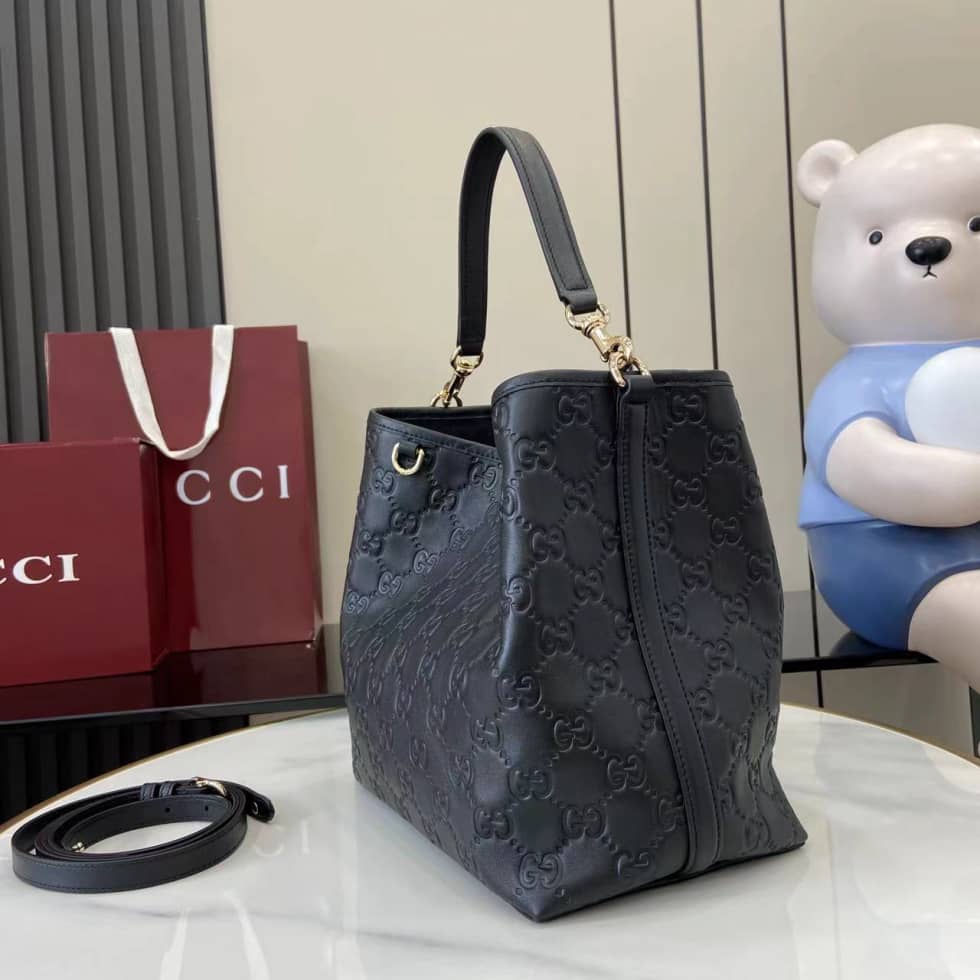Gucci GG Emblem Medium Black Bucket Bag 815103_2_157900 Gucci GG Emblem Medium Black Bucket Bag 815103