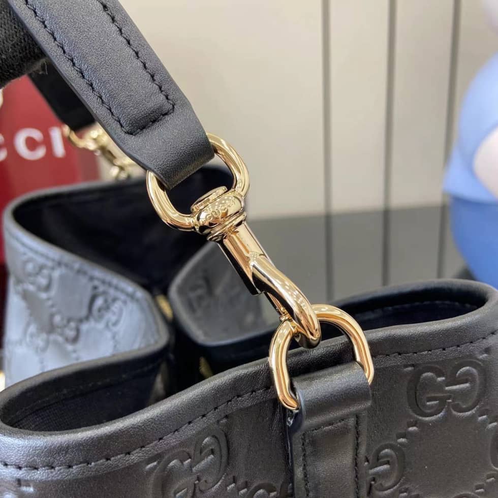 Gucci GG Emblem Medium Black Bucket Bag 815103_6_157900 Gucci GG Emblem Medium Black Bucket Bag 815103