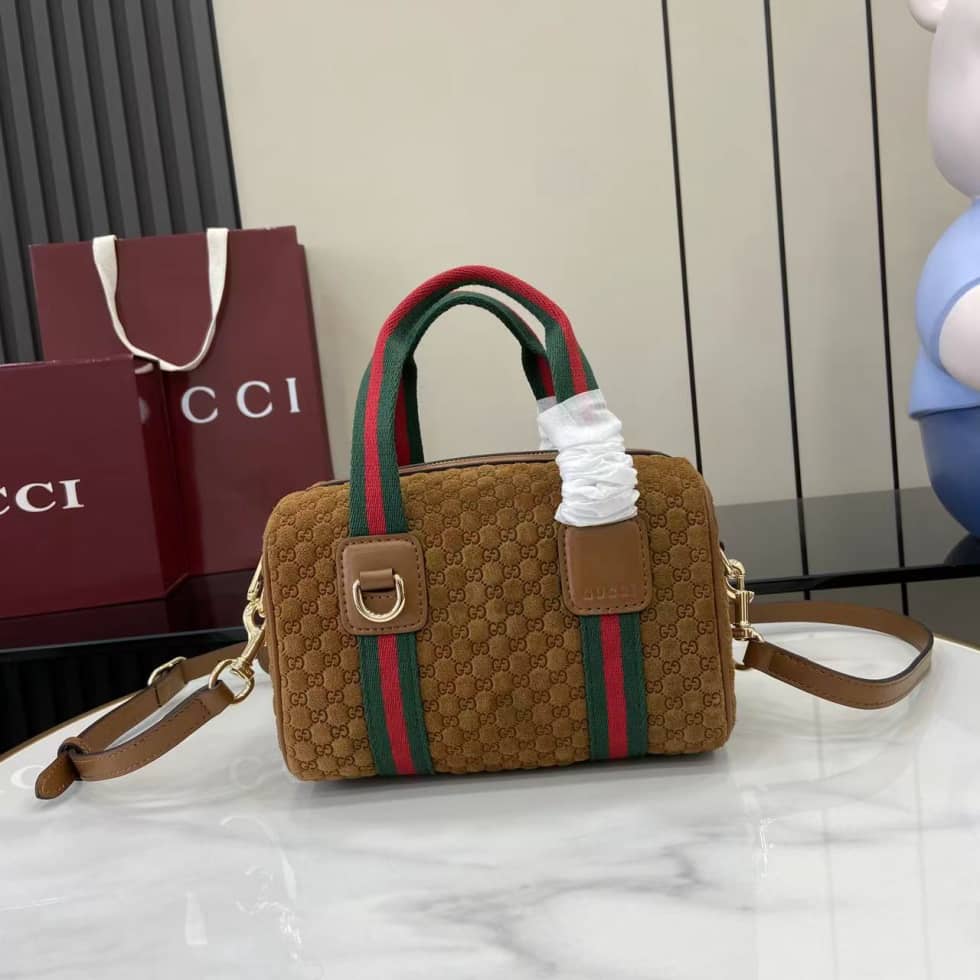 Gucci GG Suede Mini Brown Boston Bag 859975_10_158290 Gucci GG Suede Mini Brown Boston Bag 859975