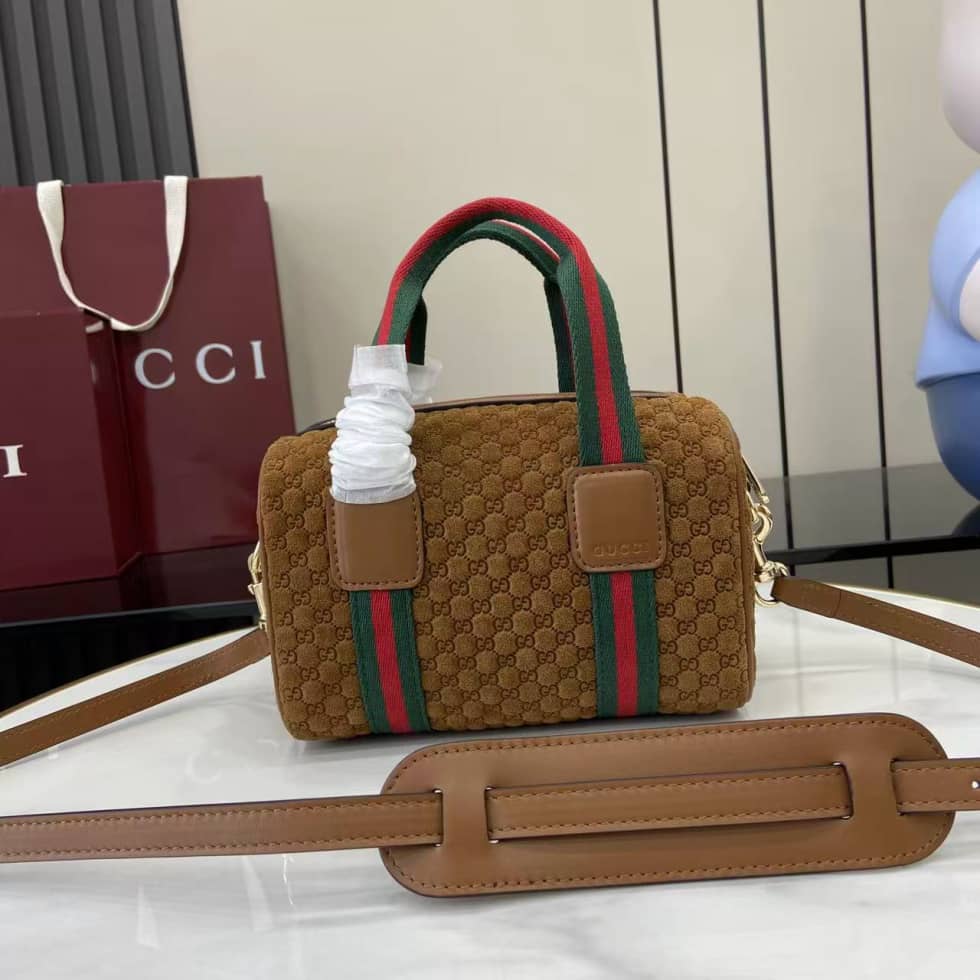 Gucci GG Suede Mini Brown Boston Bag 859975_1_158290 Gucci GG Suede Mini Brown Boston Bag 859975