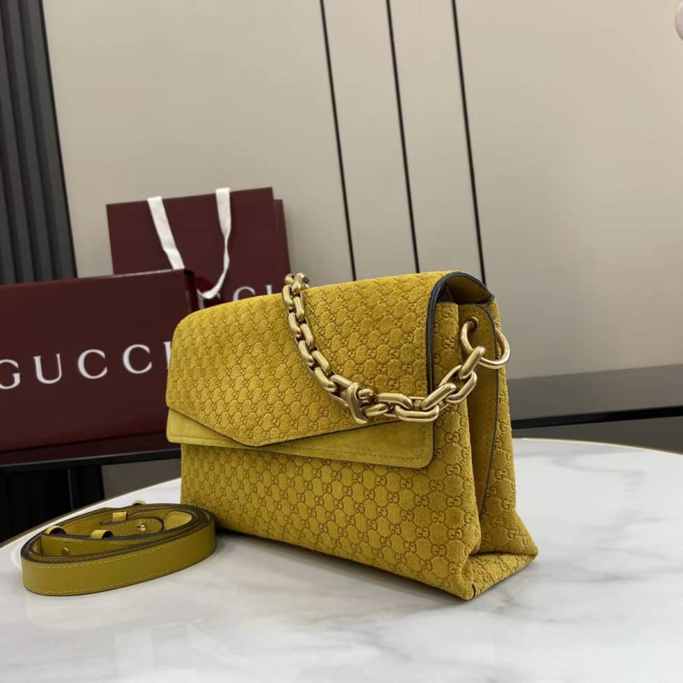Gucci Suede Embossed Leather Medium Yellow Shoulder Bag_2_158360 Gucci Suede Embossed Leather Medium Yellow Shoulder Bag