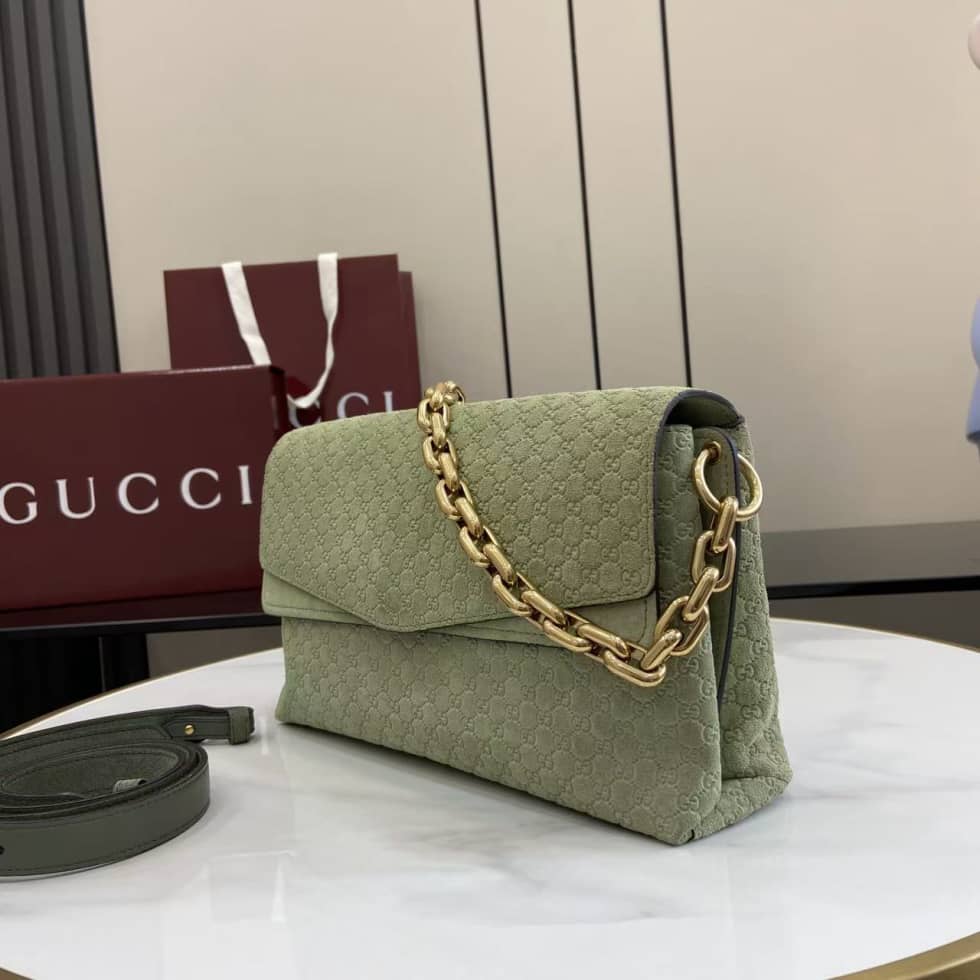 Gucci Suede Embossed Leather Medium Green Shoulder Bag_2_158370 Gucci Suede Embossed Leather Medium Green Shoulder Bag