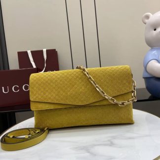 Gucci Suede Embossed Leather Large Yellow Shoulder Bag