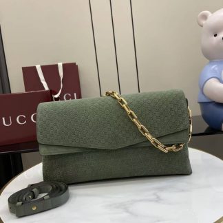 Gucci Suede Embossed Leather Large Green Shoulder Bag