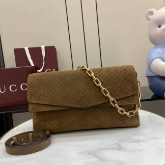 Gucci Suede Embossed Leather Brown Large Shoulder Bag