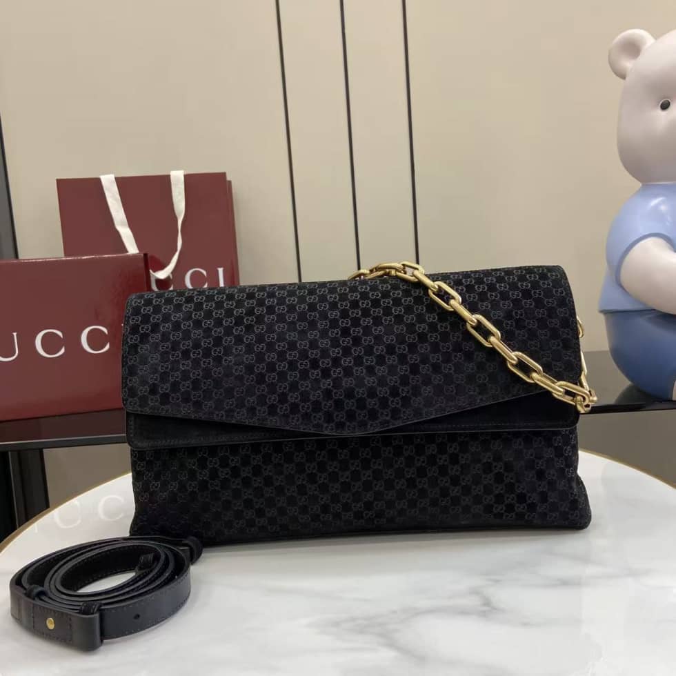 Gucci Suede Embossed Leather Black Large Shoulder Bag_10_158470 Gucci Suede Embossed Leather Black Large Shoulder Bag