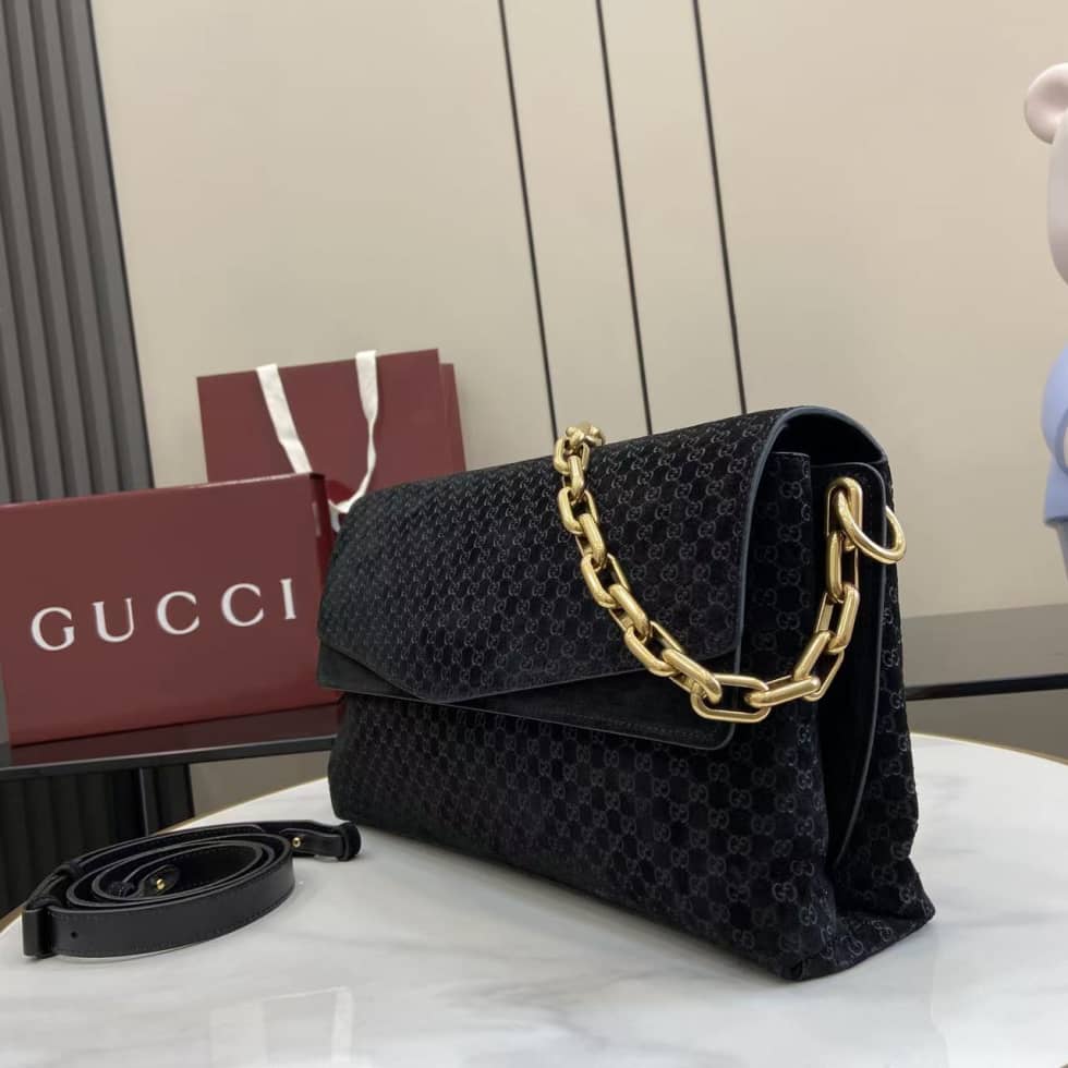 Gucci Suede Embossed Leather Black Large Shoulder Bag_2_158470 Gucci Suede Embossed Leather Black Large Shoulder Bag