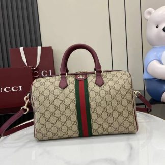Gucci Ophidia Canvas Large Red Brown Boston Bag