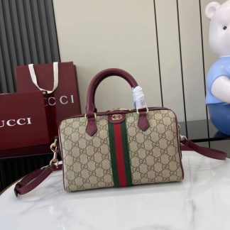 Gucci Ophidia Canvas Medium Brown Red Boston Bag