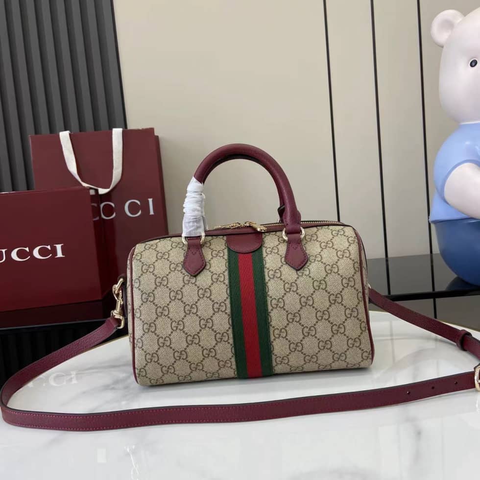 Gucci Ophidia Canvas Medium Brown Red Boston Bag_1_160778 Gucci Ophidia Canvas Medium Brown Red Boston Bag